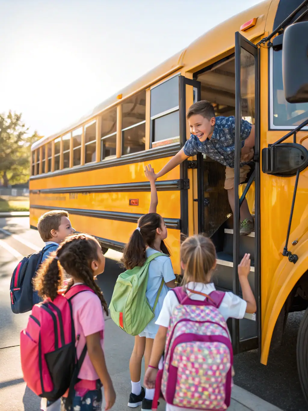 A vibrant image of school children happily boarding a KunLun NBC bus, emphasizing the safety and reliability of school group transportation.